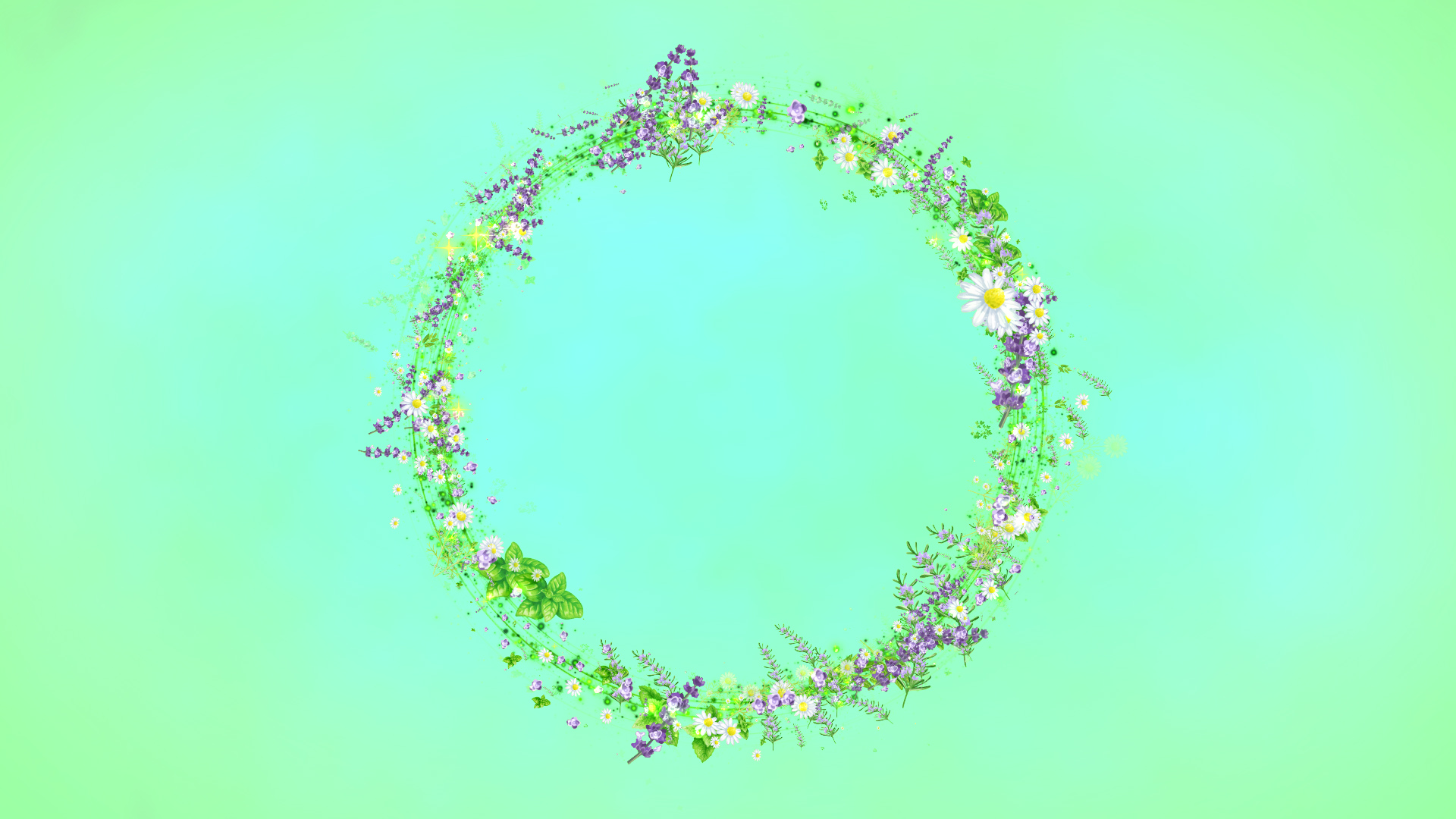 光るハーブのリース-青緑の背景