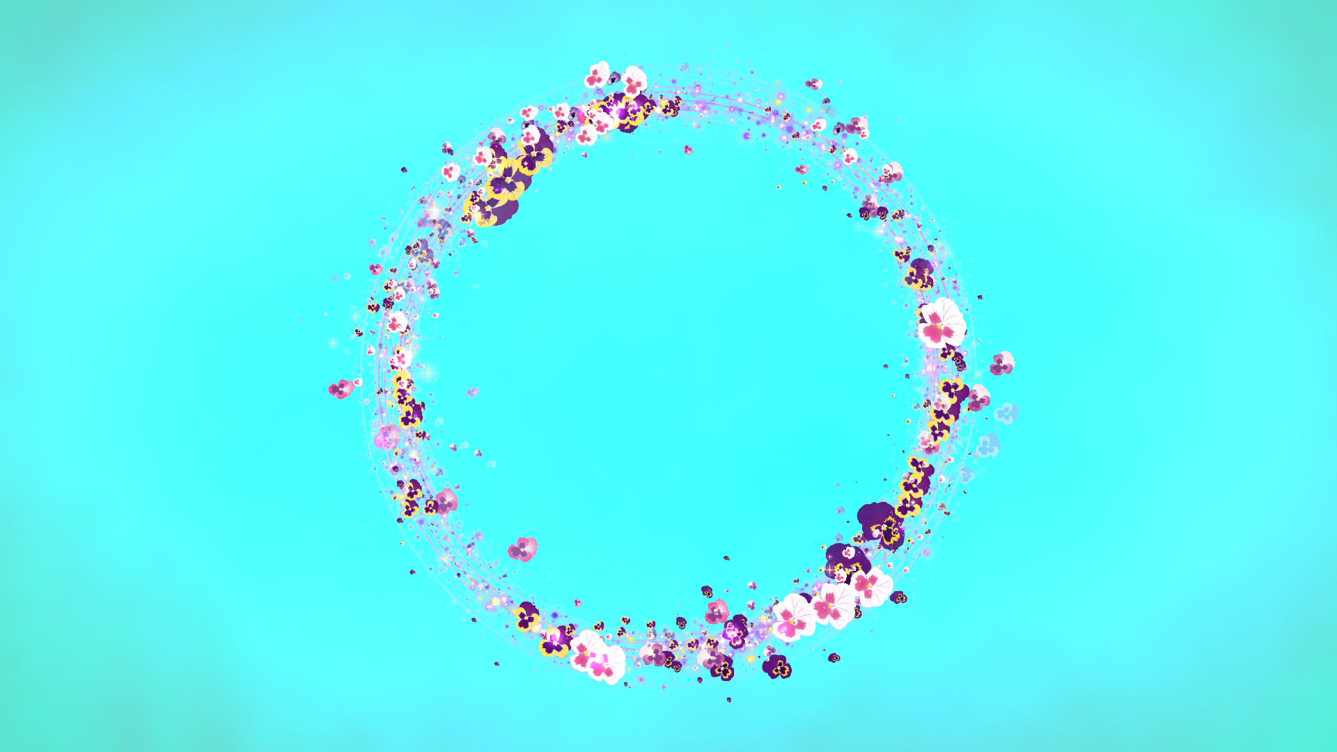 光る春のパンジー リース-水色の背景