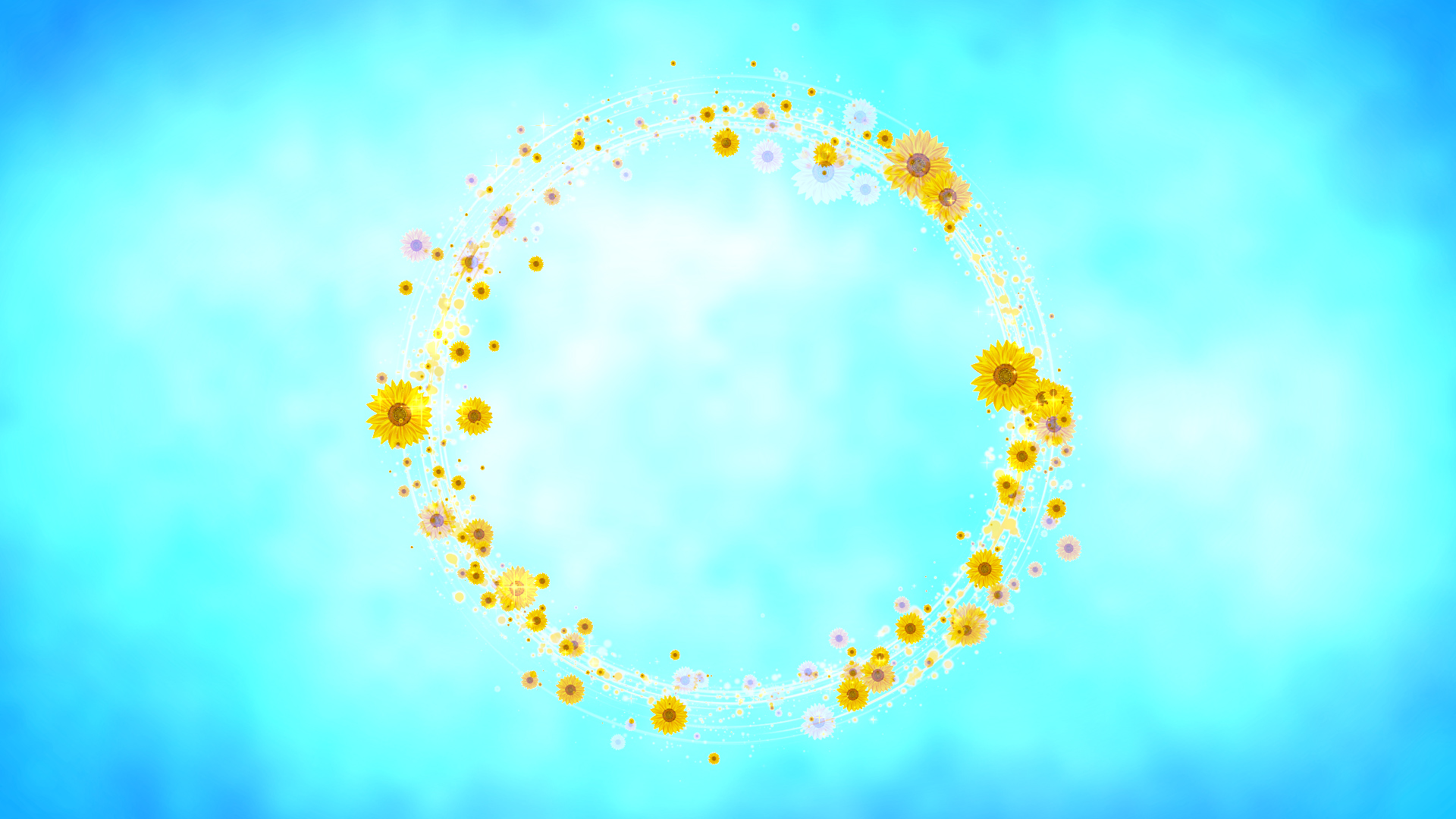 丸く光る夏のひまわり-水色バック